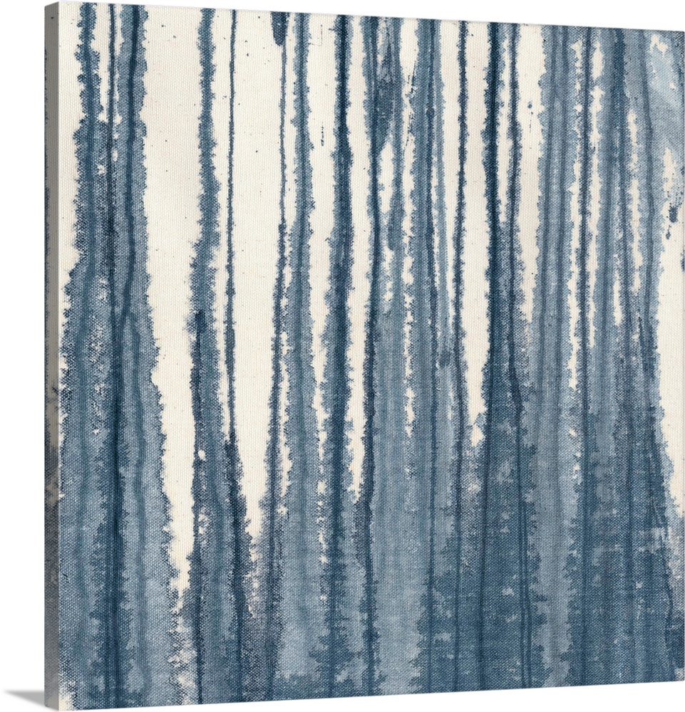 A contemporary painting of blending vertical lines of indigo blue on a cream background.