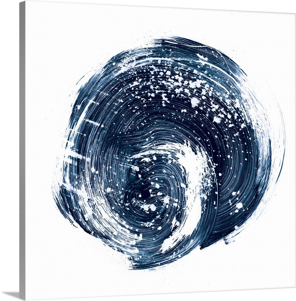 Contemporary abstract painting of a circular nebula shape in a dark indigo blue against a white background.