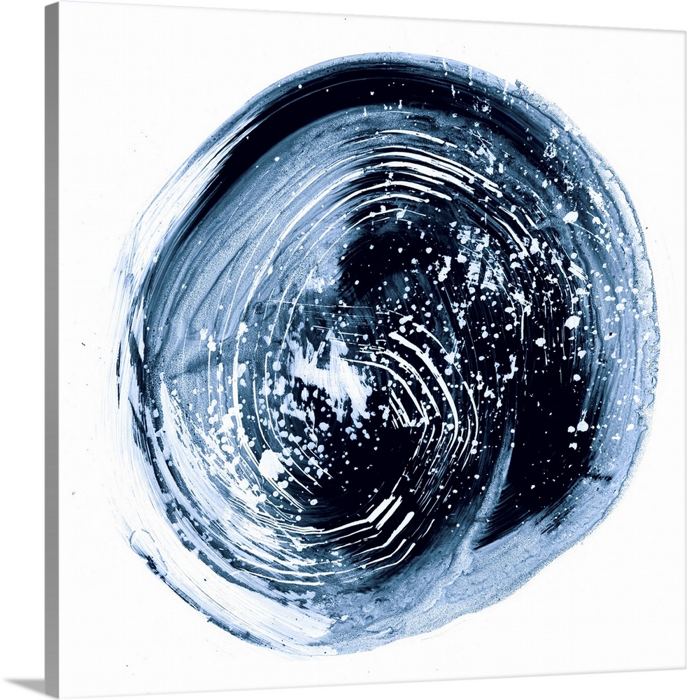 Contemporary abstract painting of a circular nebula shape in a dark indigo blue against a white background.