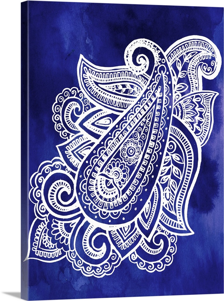 Artistic design of a large paisley pattern in white on an indigo blue backdrop.