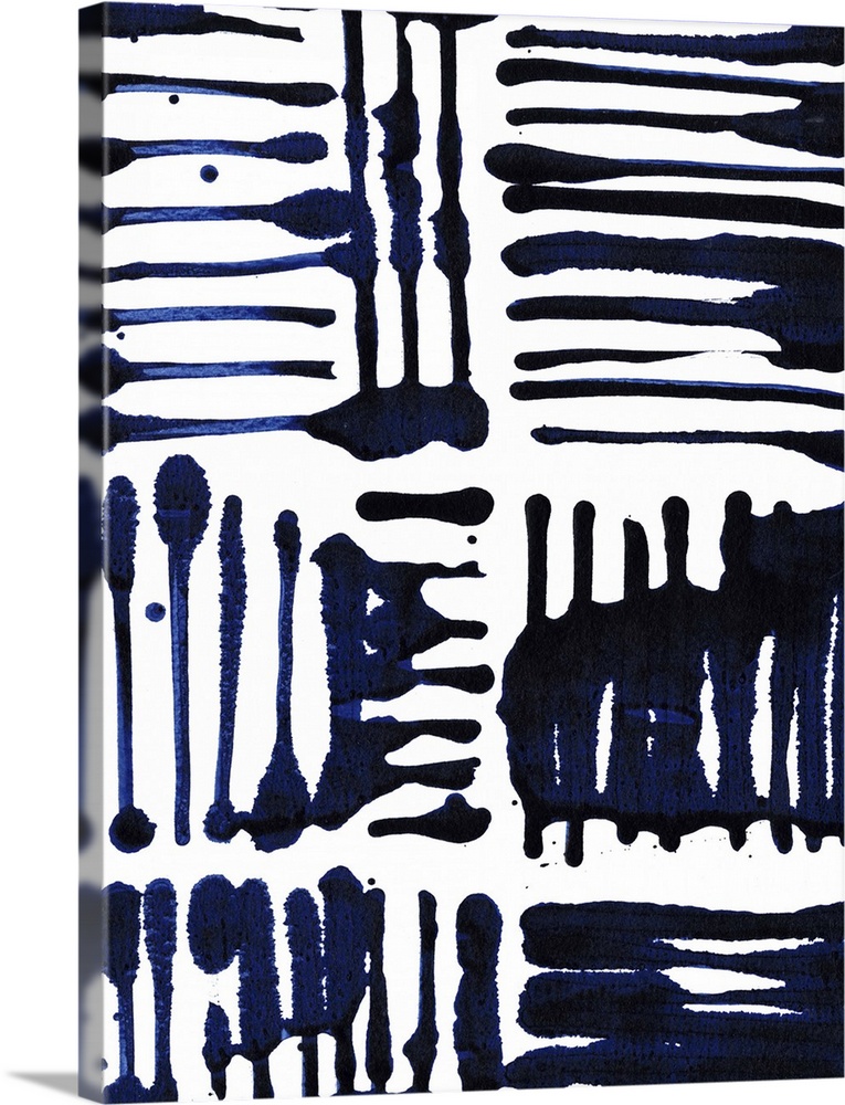 Contemporary patterned artwork using dark indigo blue against a white background.