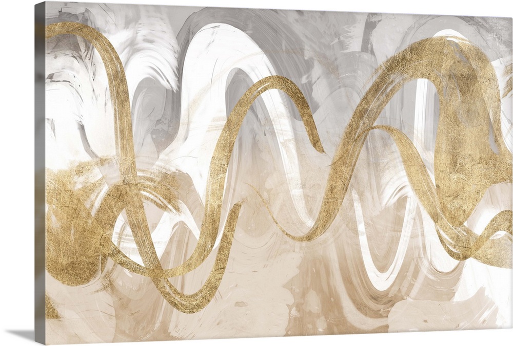 Abstract contemporary painting of interweaving gold and white wavy lines.