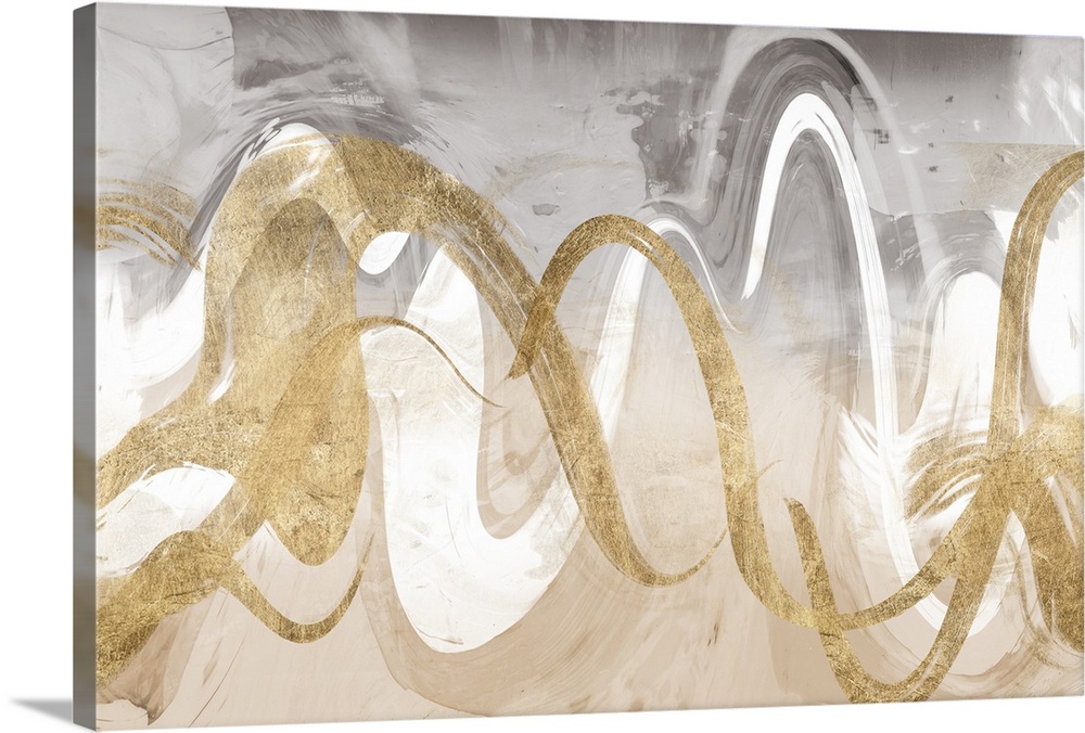 Abstract contemporary painting of interweaving gold and white wavy lines.