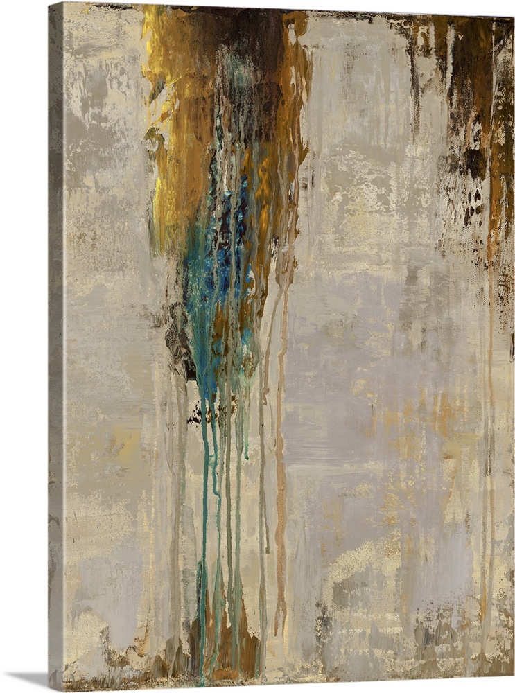Abstract contemporary painting with dripping brown and blue paint over a neutral background.