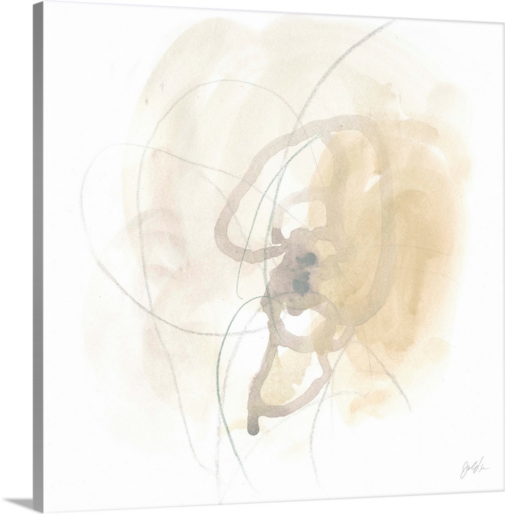 Soft pastel abstract art in shades of tan and grey on white.