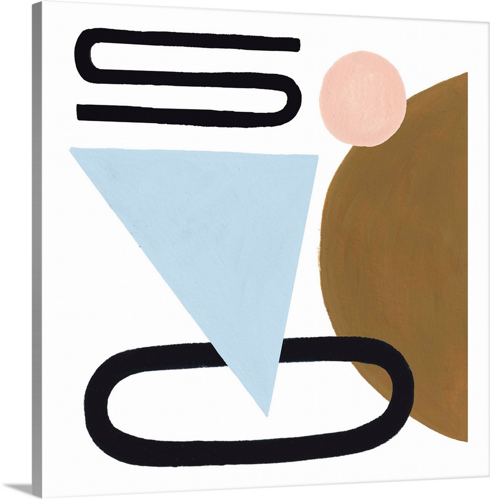 Modern painting of simple, solid colored overlapping shapes and lines on a white background.