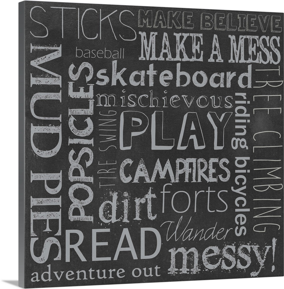 Word art of phrases pertaining to summer fun in different fonts, with a chalkboard appearance.