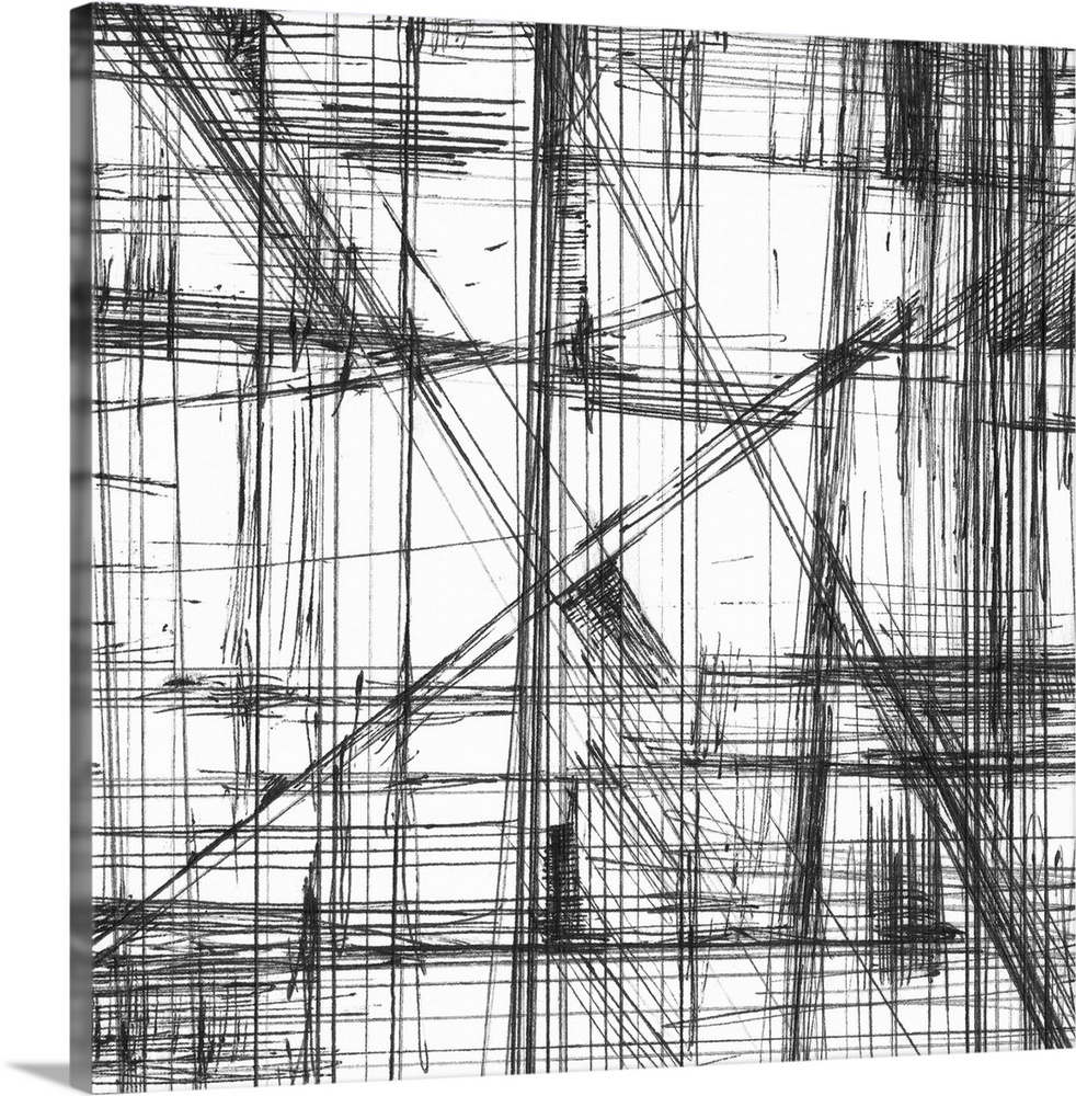 Contemporary abstract artwork of web-like lines running all over the image against a white surface.