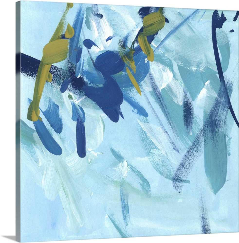 Contemporary abstract painting in various shades of blue with green accents.