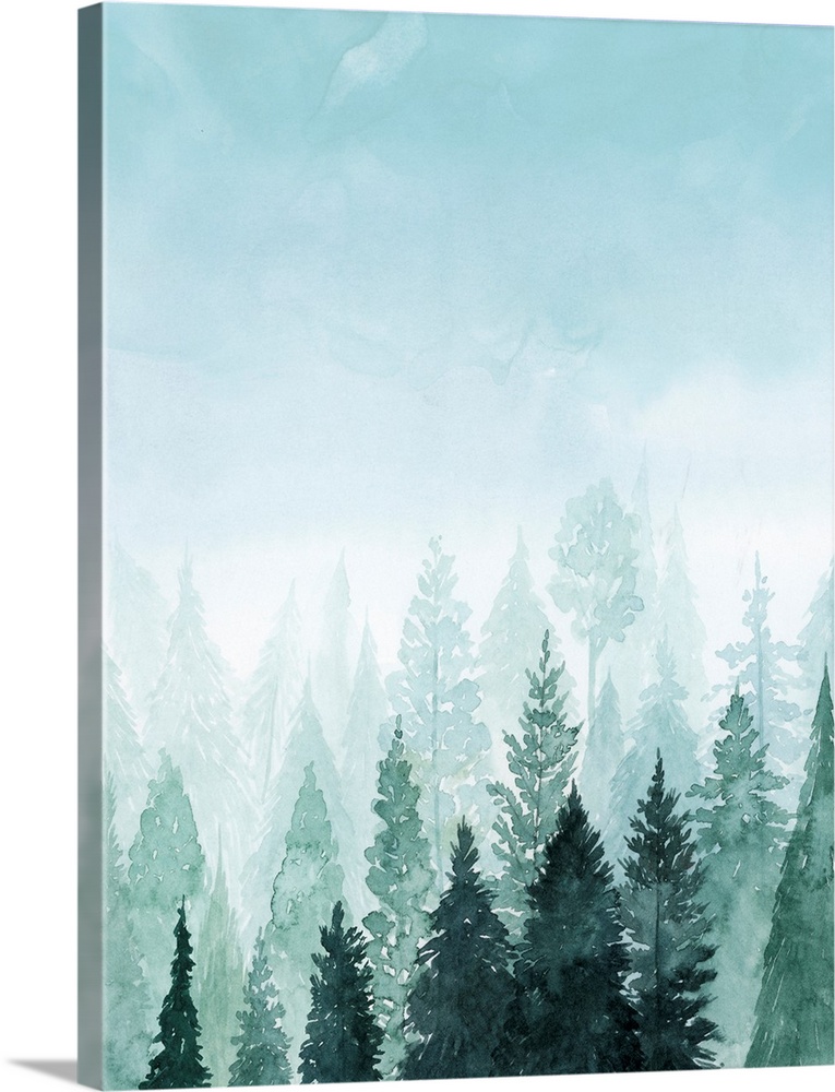 Watercolor painting of a misty forest under a pale blue sky.