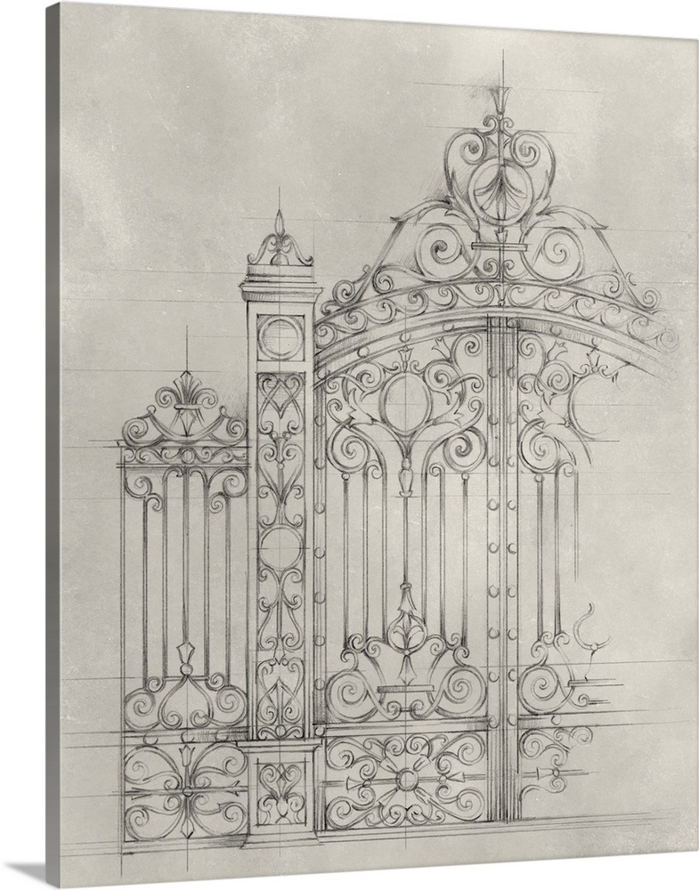 This simple mechanical drawing displays the ornate details of a gate over a mottled light background.