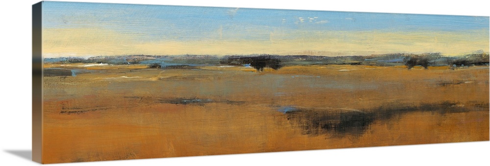 Big horizontal painting of a vast, golden filed with several small trees, beneath a clear sky as the sun sets.  Painted wi...