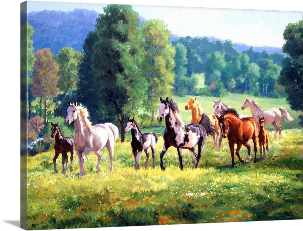 Contemporary colorful painting of a herd of horses in a countryside clearing.