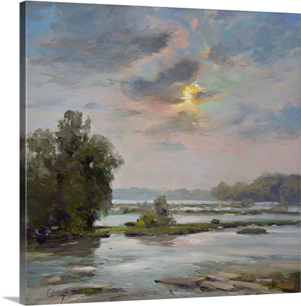 Contemporary painting of a river landscape under a pale sky.
