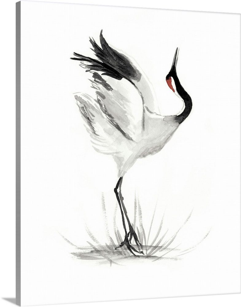 Watercolor illustration of a red-crowned crane posing on white.