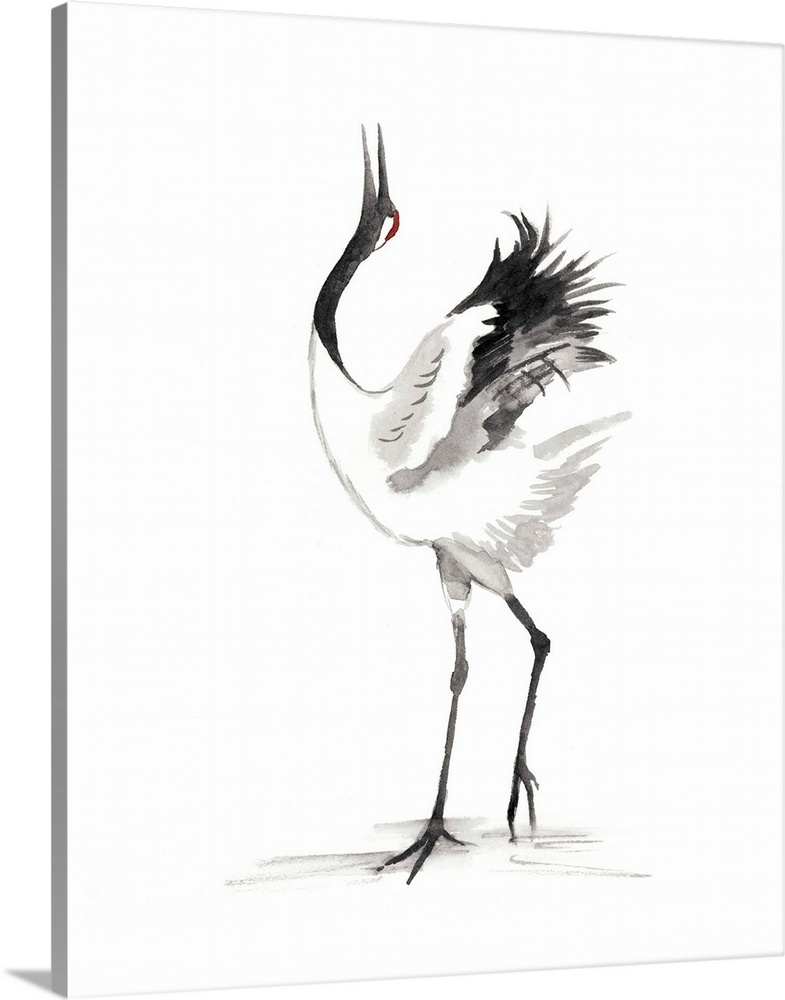 Watercolor illustration of a red-crowned crane posing on white.