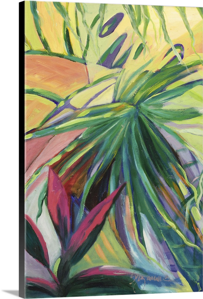 Tropical painting of bright green palm leaves and red flowers.