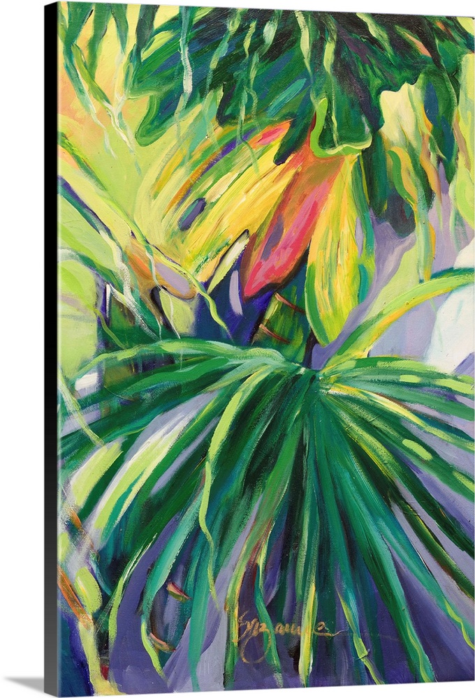 Tropical painting of bright green palm leaves and red flowers.