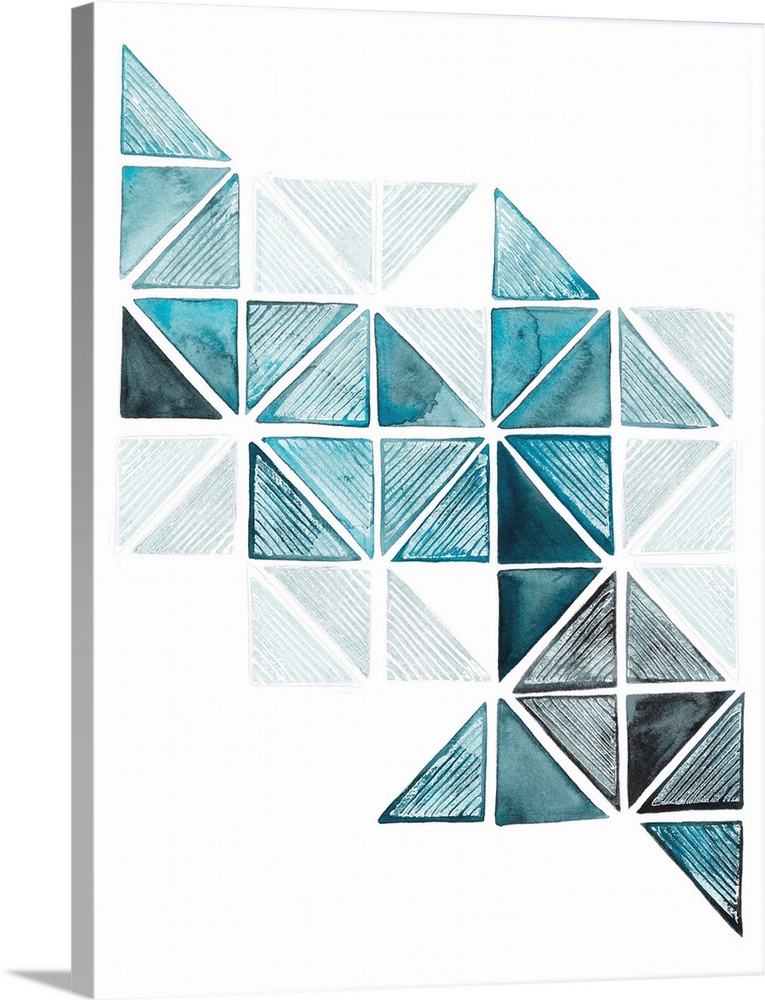 Abstract geometric artwork of triangular shapes in shades of blue and grey.