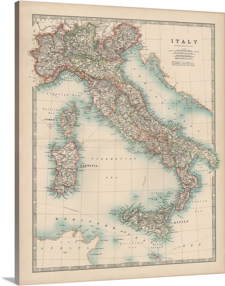 Vintage map of the country of Italy.