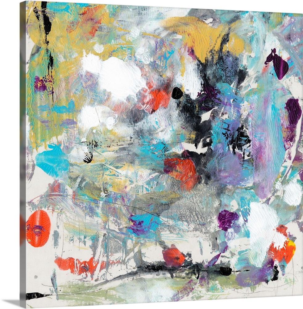 Contemporary abstract artwork in a frenzy of colors and textures, with scratches, brushstrokes, and splatters.
