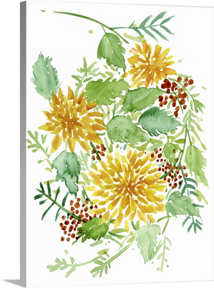 Vertical watercolor painting of yellow flowers, red berries, and green leaves on a solid white background.