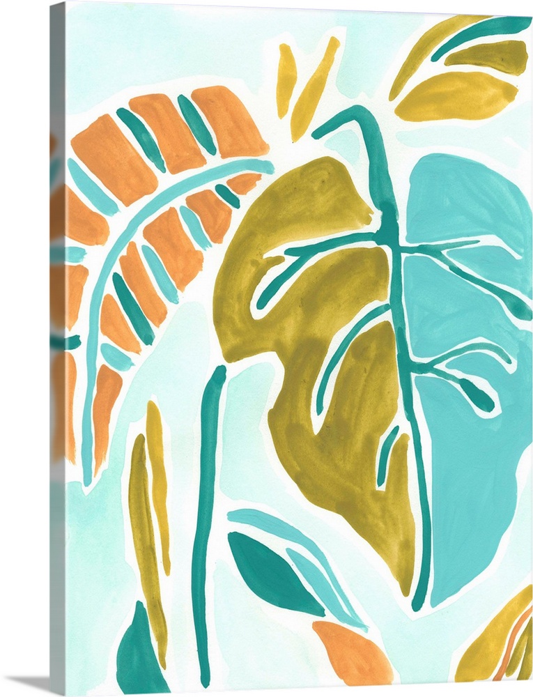 Lively tropical leaves in orange, gold and blue are arranged on a light blue background.