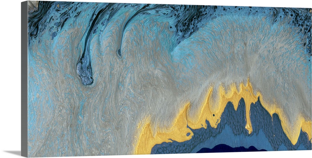 This contemporary artwork features fluid paint in blue, gray and gold to reflect the elegant motion of the ocean.