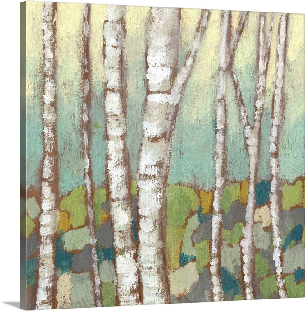 Contemporary painting of slender birch trees in a forest.