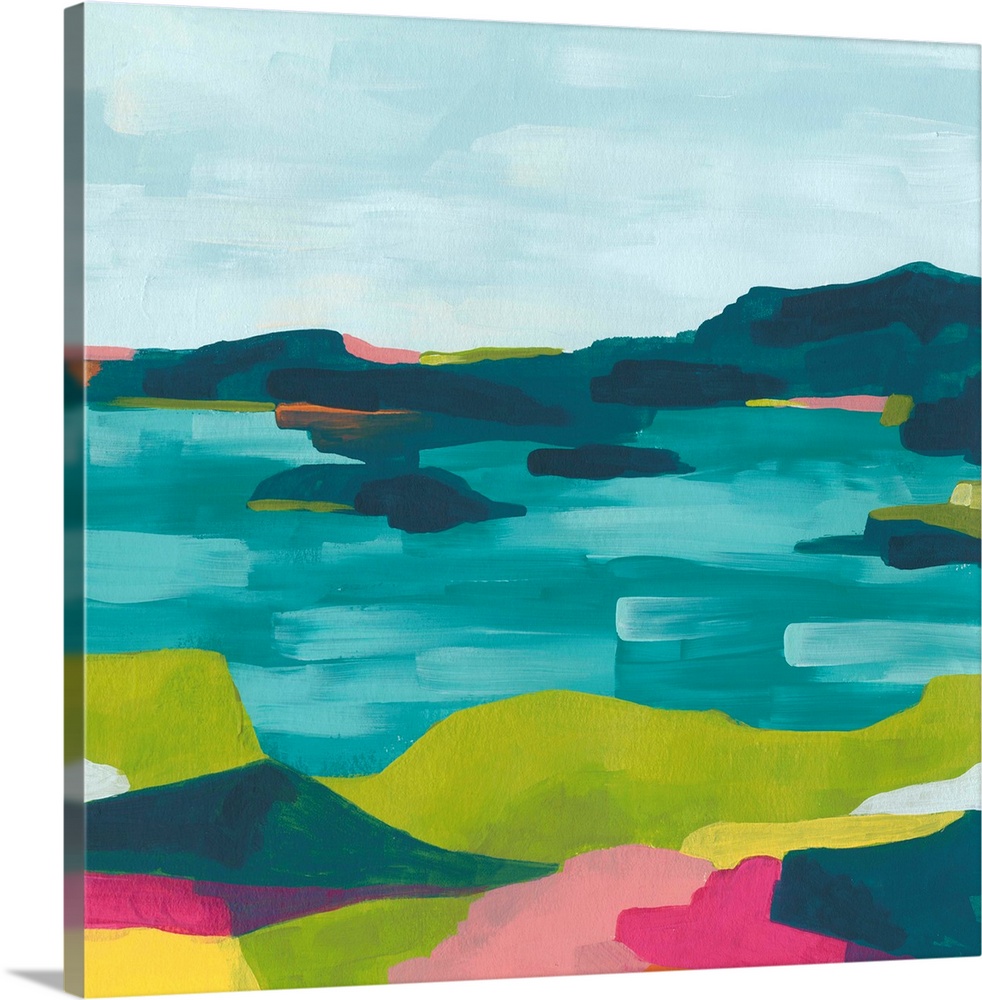 Contemporary abstract landscape in vibrant hues.