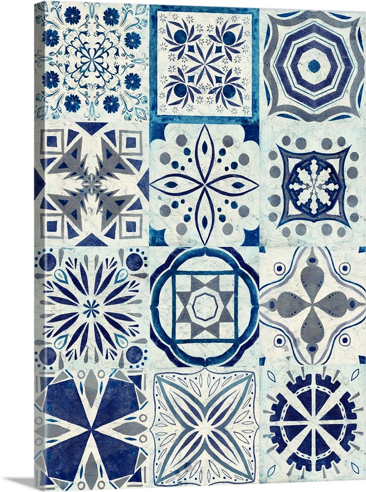 This contemporary artwork is a compilation of fun and exciting tile patterns stacked three by four in shades of blue.