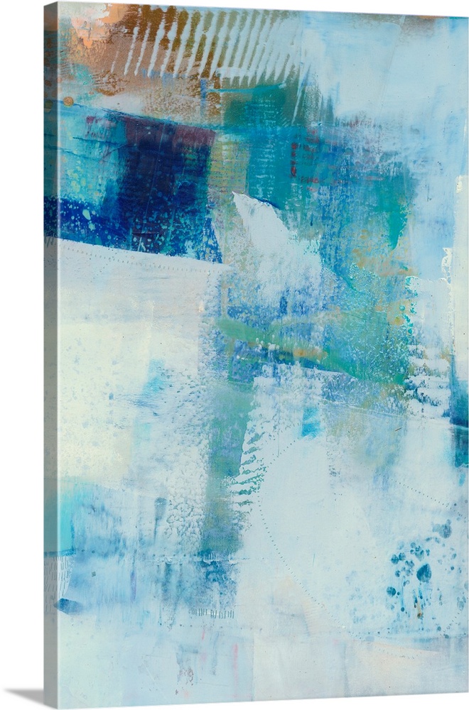 Vertical abstract painting made in shades of blue with gold accents and lines etched in the thick paint for texture.