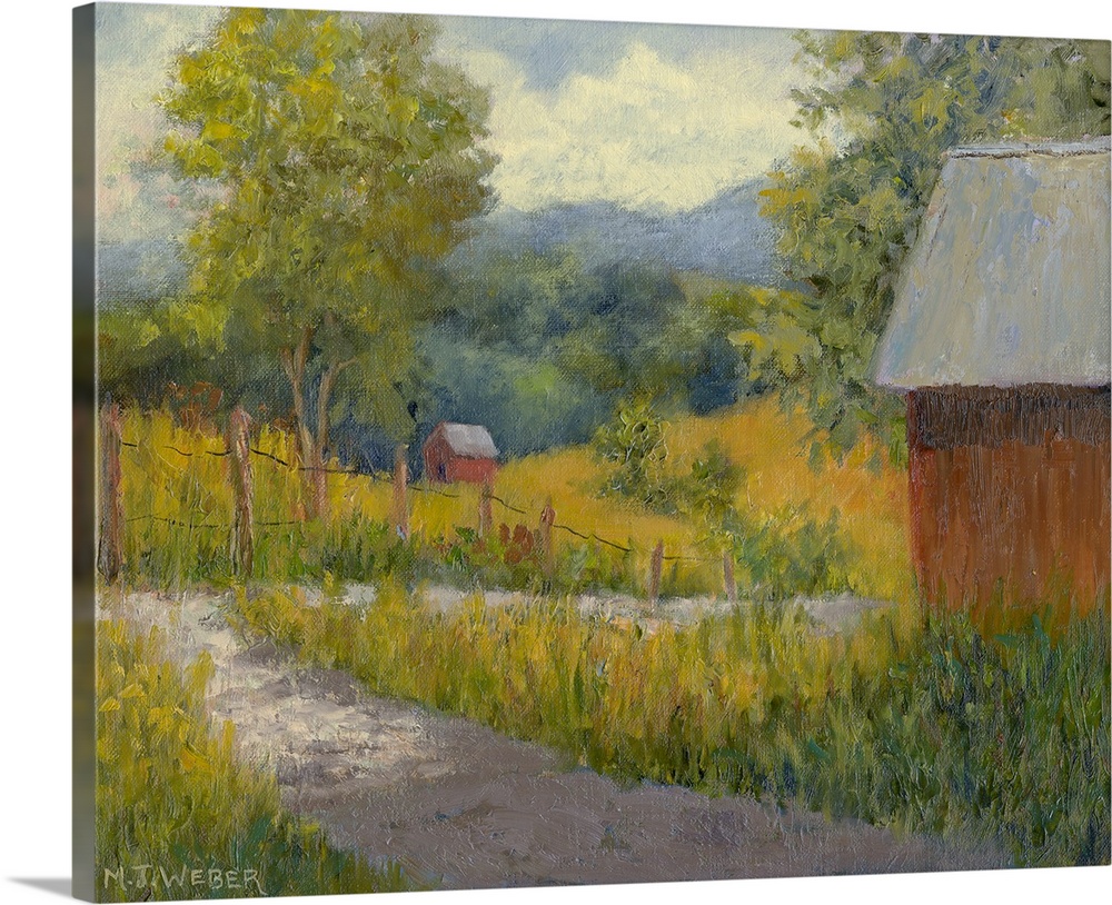 Horizontal painting on a big wall hanging of a small path leading through a green landscape on a farm, a small building si...