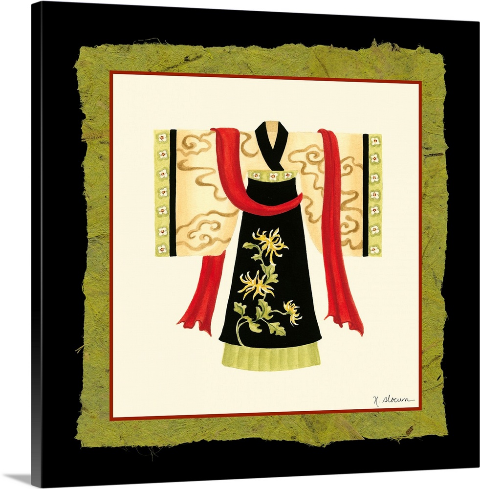 Asian art design of a Kimono with a red sash on fabric matted background.