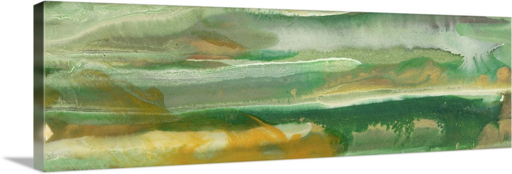 Contemporary abstract painting in layered shades of green.
