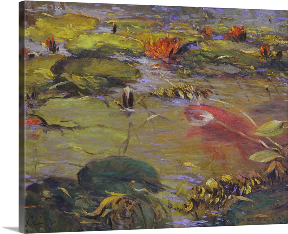 Contemporary painting of koi in a pond.