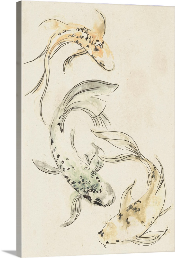 Three koi fish swimming around each other on a sepia toned background.