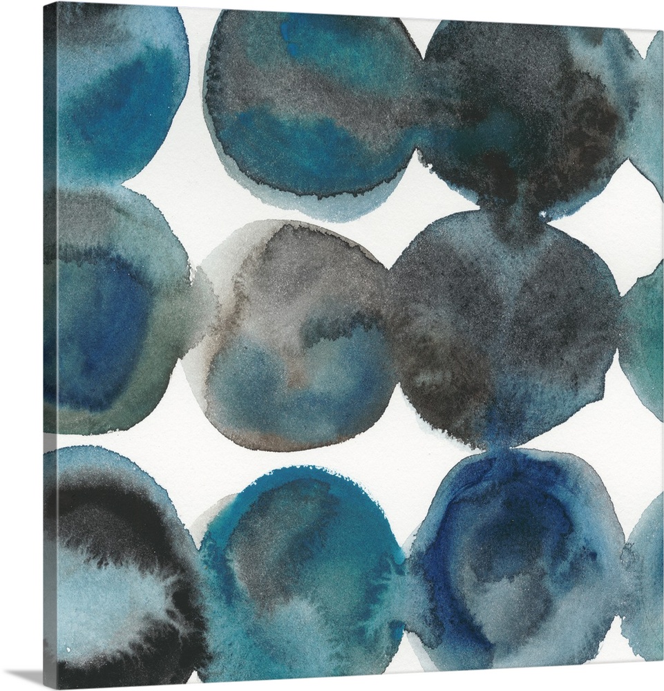 Square abstract decor with large circles placed in lines made in shades of blue and black.