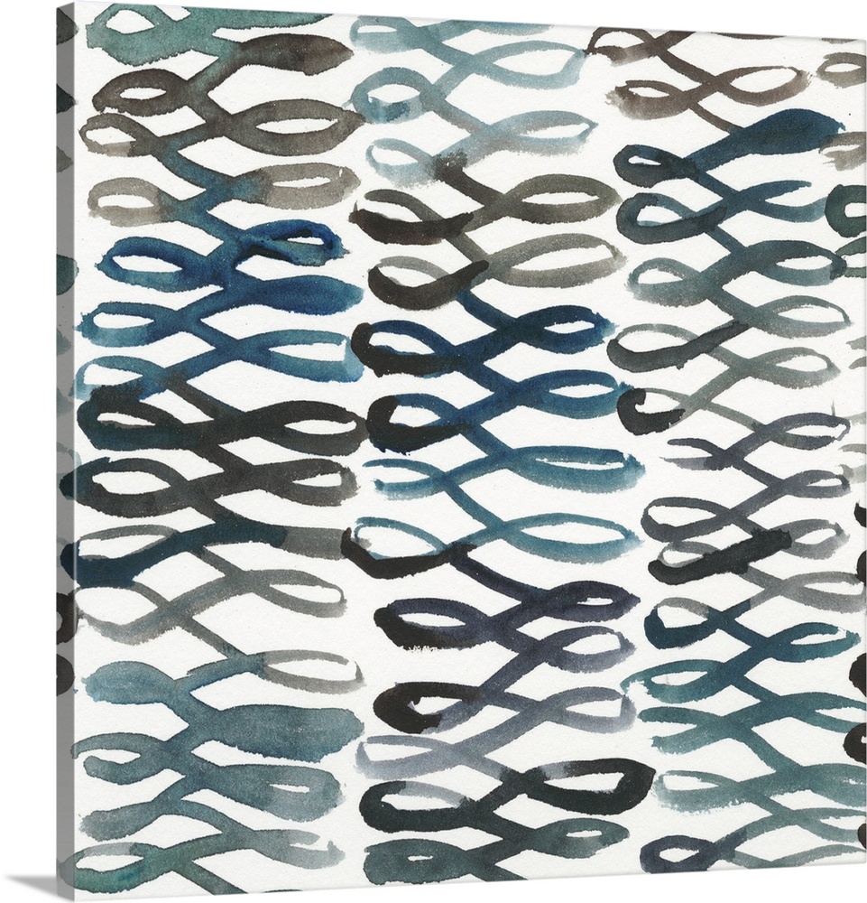 Square abstract decor with a loopy lined pattern made in shades of blue and black.
