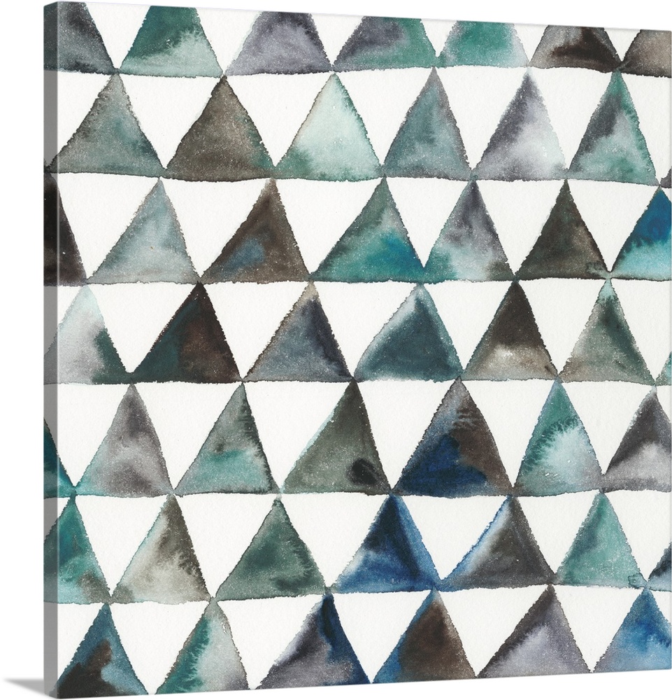 Square abstract decor with triangles in lines creating a pattern in shades of blue, green, and brown.