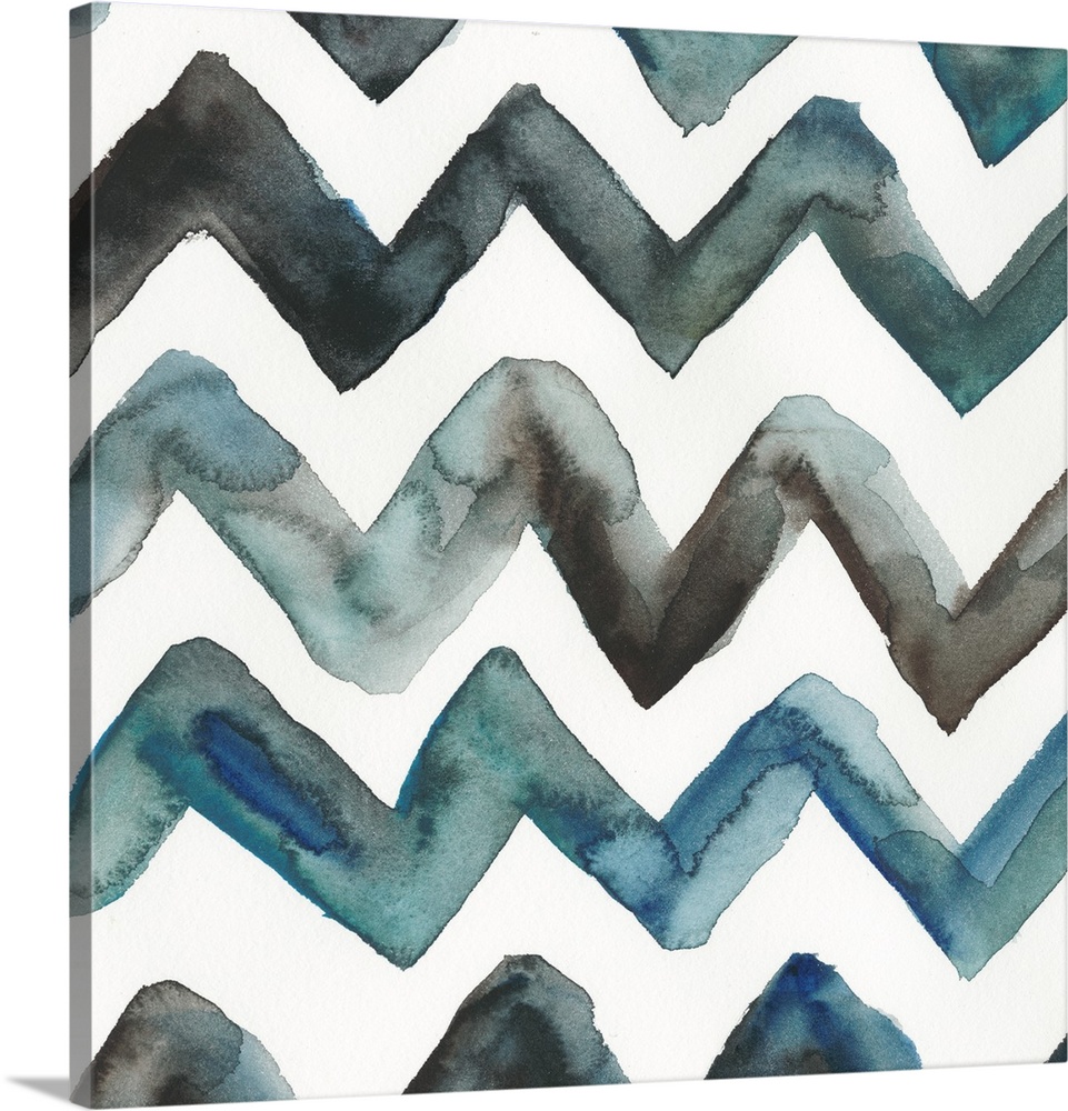 Square abstract decor with a lined pattern consuming the entire face of the canvas in shades of blue and black.