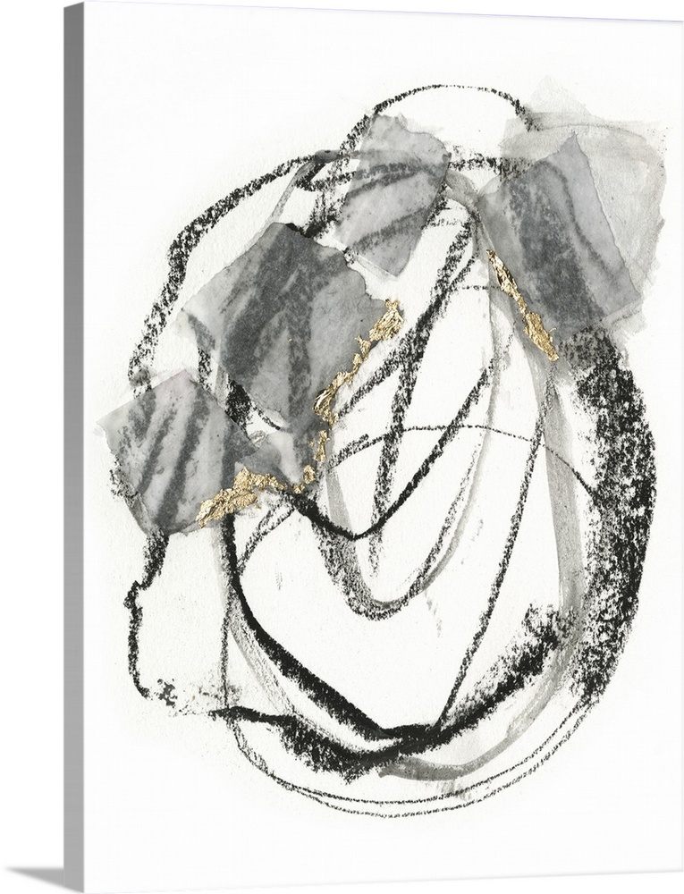Abstract painting of black scribbles and gray patches with gold leaf accents on a white background.
