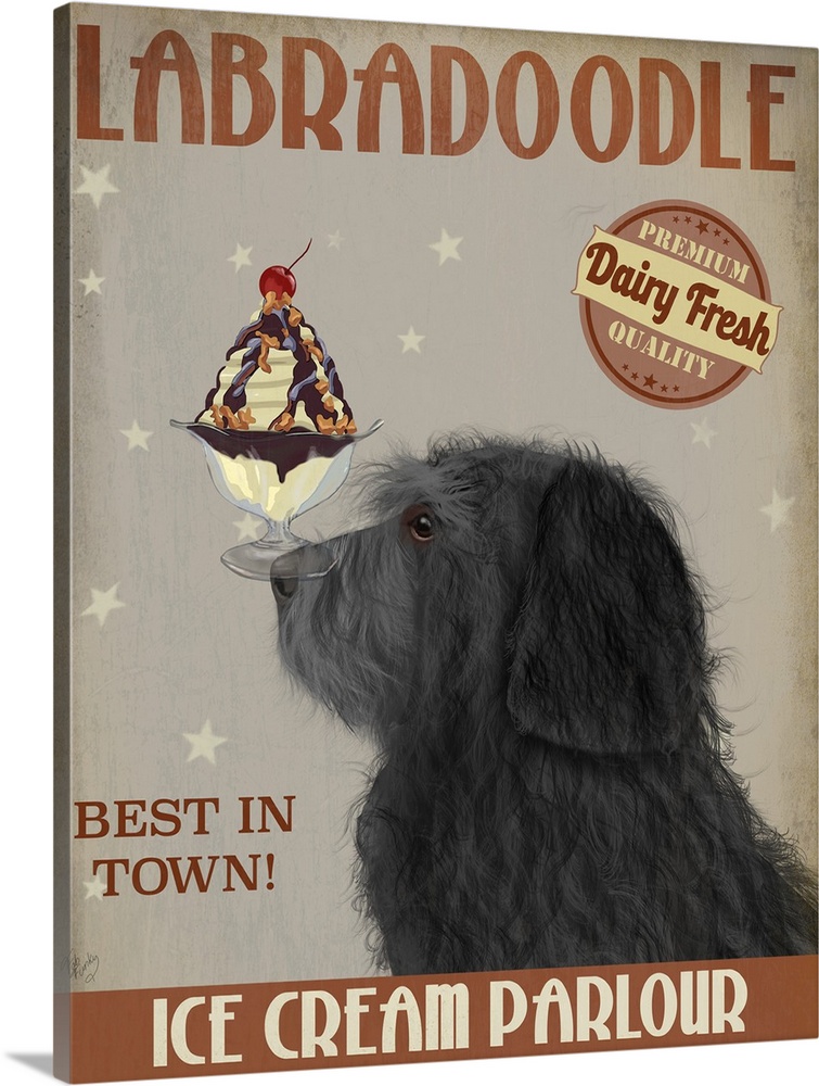 Decorative artwork of a Labradoodle balancing an ice cream sundae on its nose in an advertisement for an ice cream parlour.