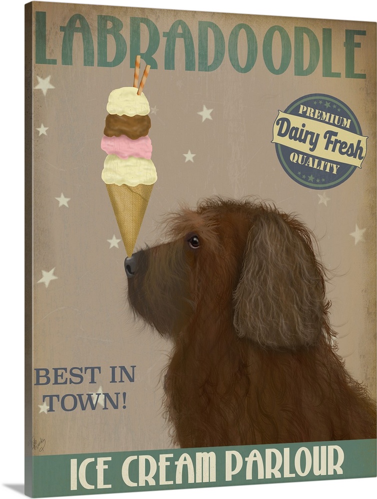 Decorative artwork of a Labradoodle balancing an ice cream cone on its nose in an advertisement for an ice cream parlour.