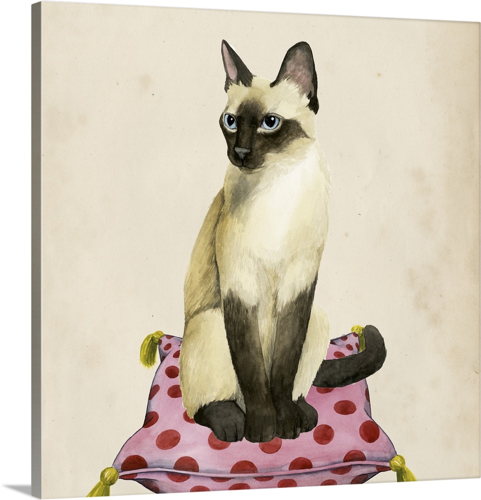 Illustration of a Siamese cat sitting on a patterned pillow.