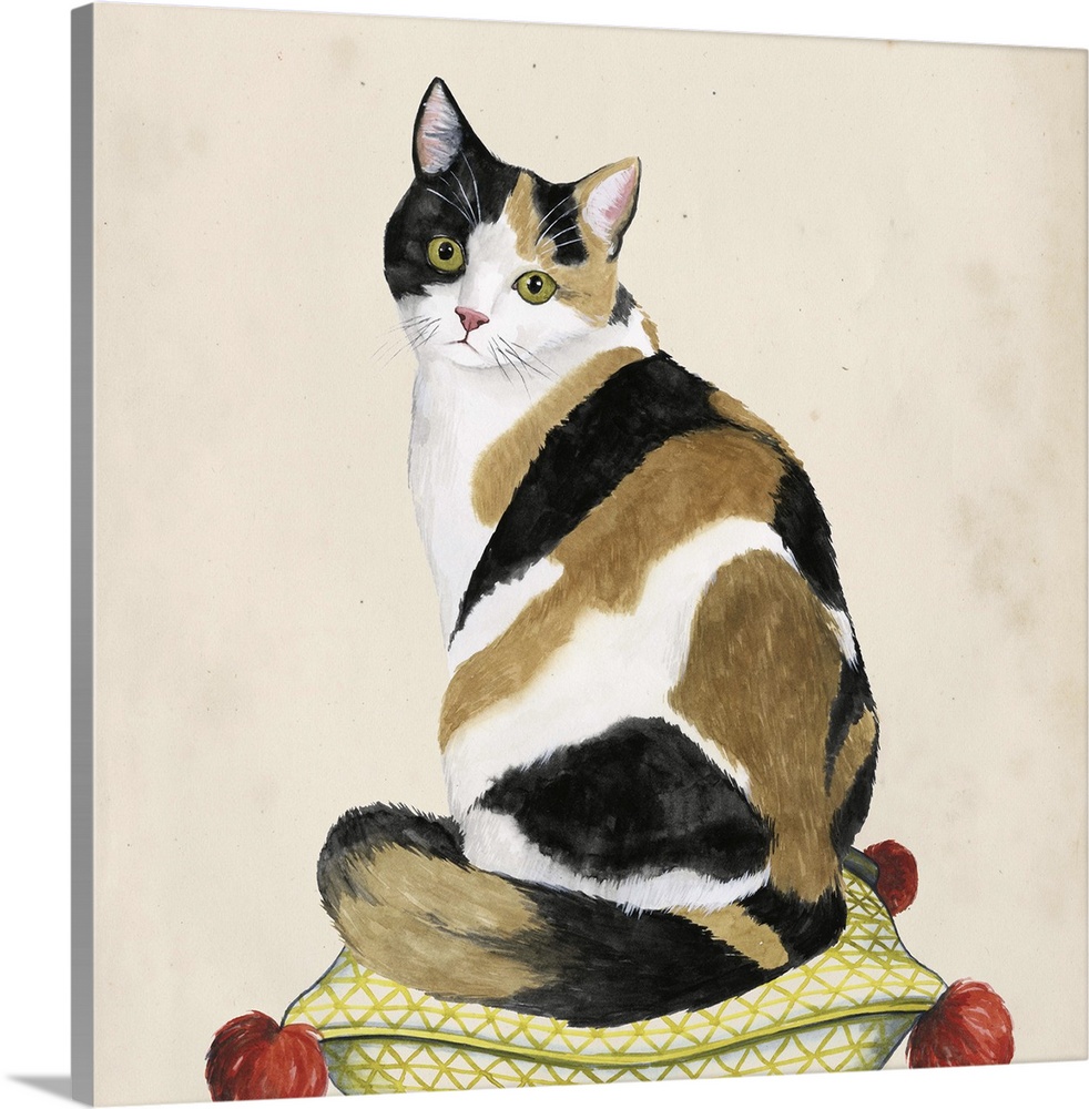 Illustration of a calico cat sitting on a patterned pillow.