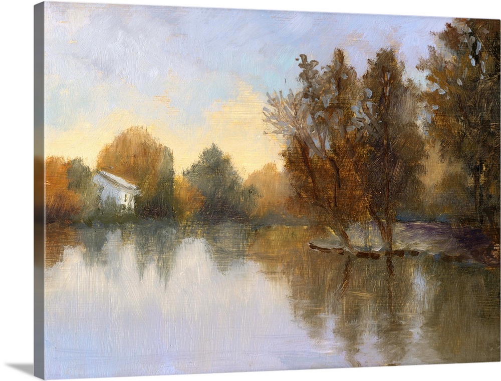 Contemporary painting of a lake in a countryside scene in autumn.