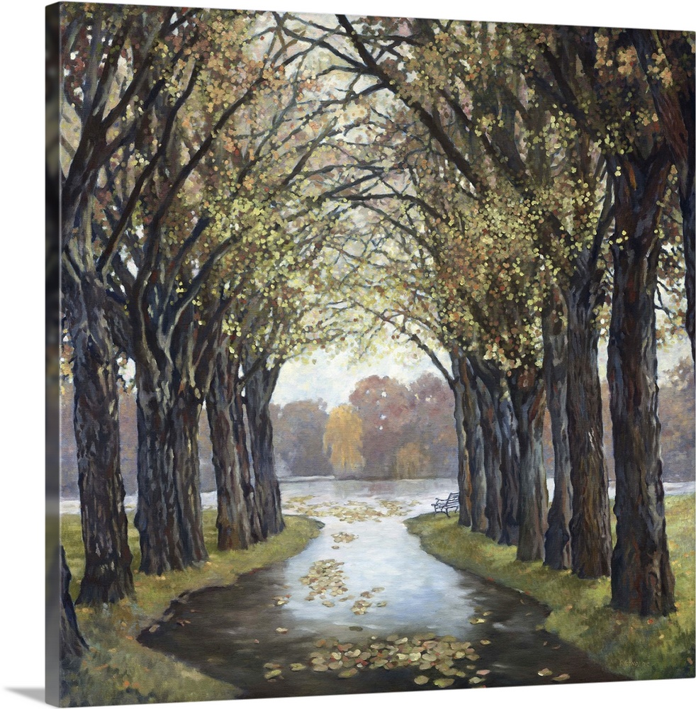 Contemporary painting of a path through a natural archway created by trees.
