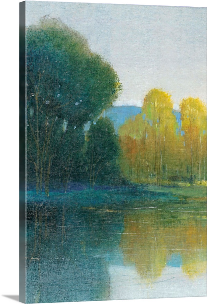 Landscape painting of a calm pond with tall trees along the edge, reflected in the water.