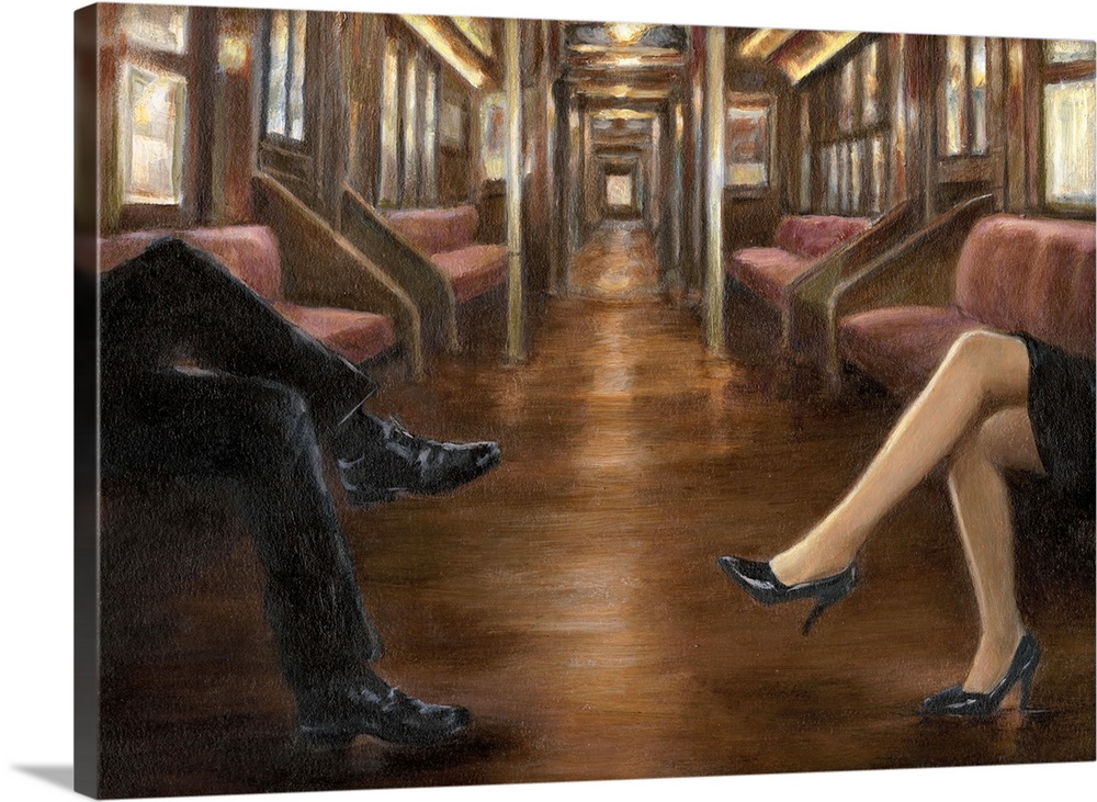 Contemporary painting of the inside of a train with only the legs of a couple visible.